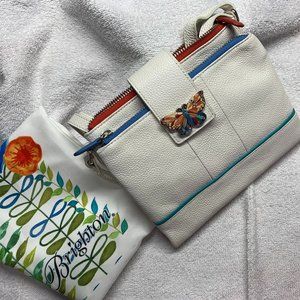 Brighton Messenger Bag. White Multi With Butterfly Magnetic Snap Closure. (643)